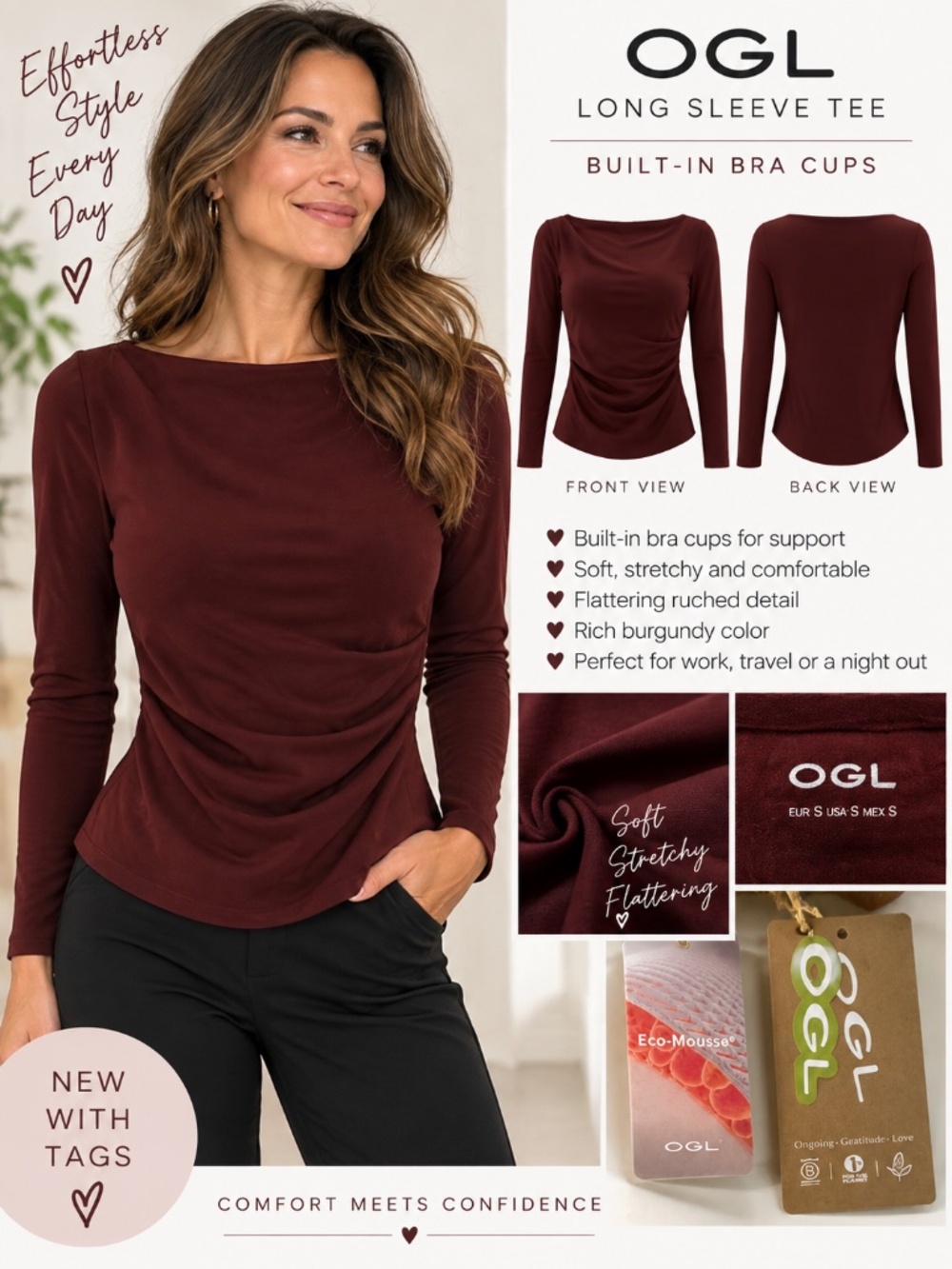 OGL Burgundy Long Sleeve Top with Built-In Bra | Size S | NWT